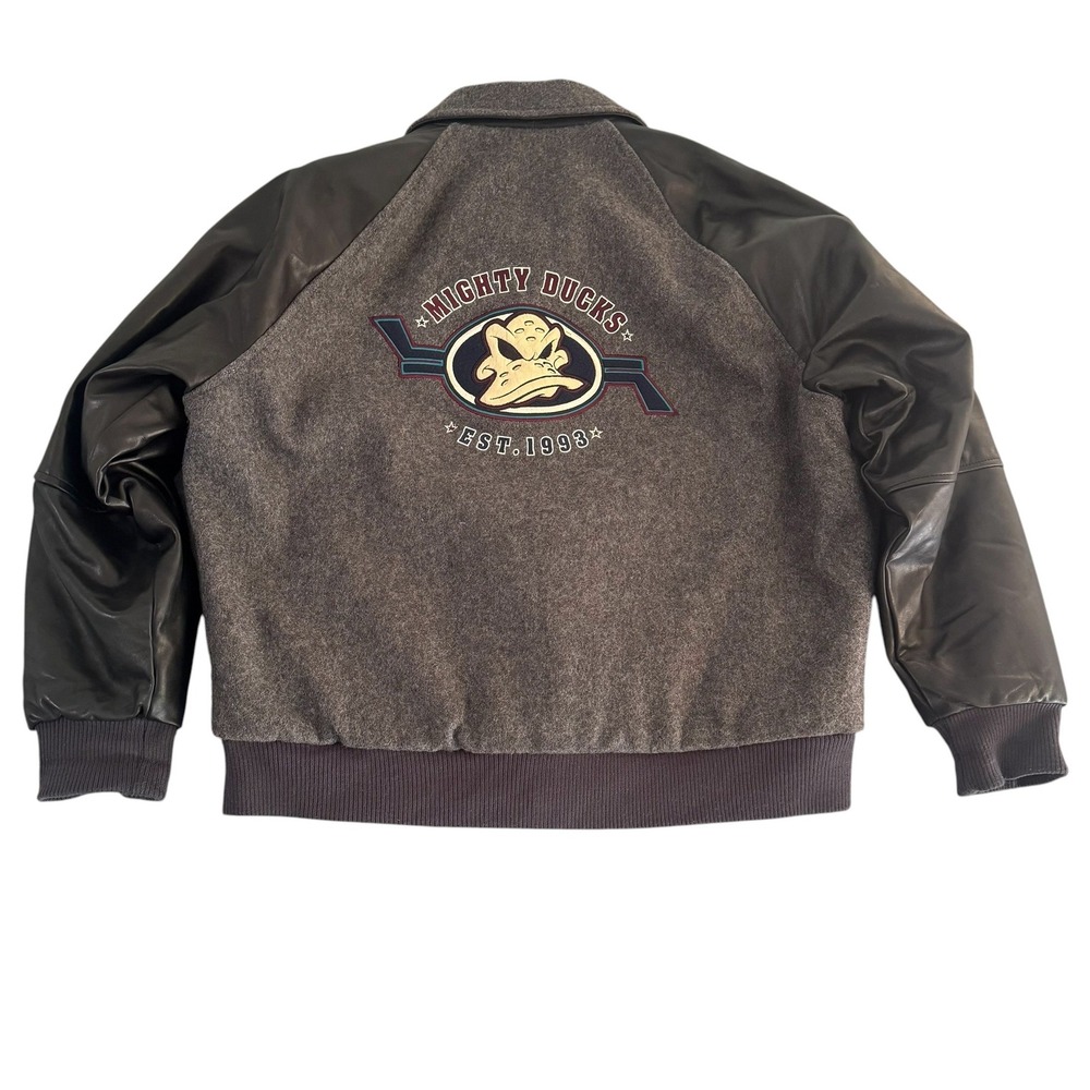 VTG Identity Inc Mighty Ducks Leather Wool Varsity Jacket Gray Made in USA Large - Picture 2 of 15